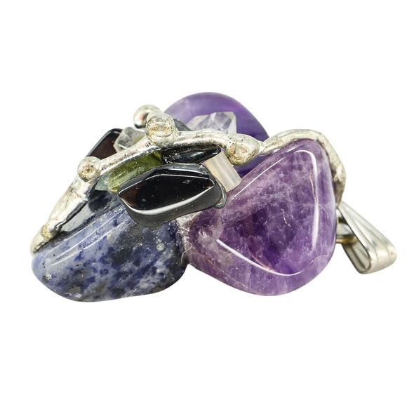 Brutalist Organic Freeform Boho Pendant Natural Amethyst Sodalite Rock Crystal - Picture 3 of 5